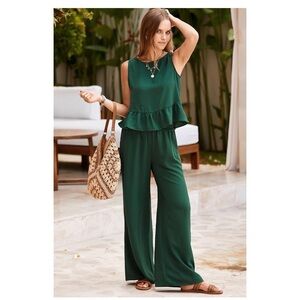 Elegant Green Sleeveless Wide Leg Set